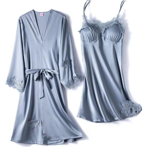 2PCS Lace Bathrobe Gown Sets Satin Kimono Robe Sleep Suit Womens Nighty Sleepwear Summer Bride Nightwear Wedding Nightgown