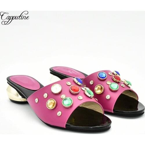 Pretty fuchsia with colorful crystal stones slippers medium heel shoes for lady 78-4, heel height 4cm, 5 color