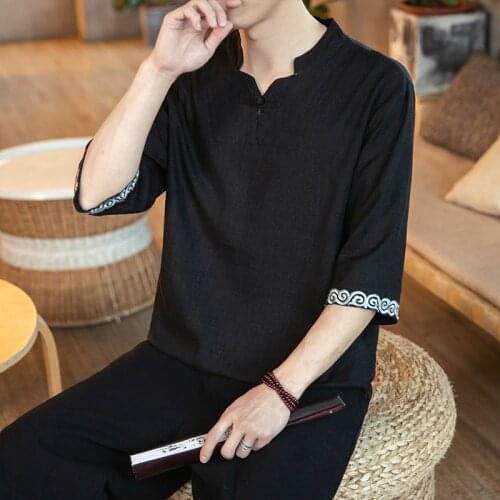 Summer 2021 Embroidery Tops Traditional Chinese Clothing For Men Vintage Shirts Cotton Linen Tang Suit Kung Fu Clothes 30609