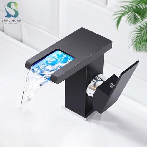 LED Matte Black Bathroom Sink Faucet Three Colors Change With Temperature LED Waterfall Hot and Cold Water Mixer Taps