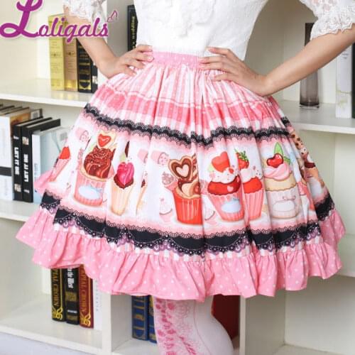 Fancy Mori Girl Short Skirt Sweet Pink Cup Cake Printed Lolita Pleated Skirt Free Shipping