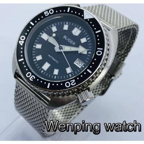 Bliger 45mm New Mens Top Mechanical Watch Silver Case Sapphire Crystal Black Dial C3 Luminous NH35 Movement Automatic Watch