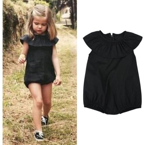 Baby Clothes Girls Summer Pure Black One-piece Dress With Ruffled Lapel Children Wear For 1-5 Years Toddler Infant