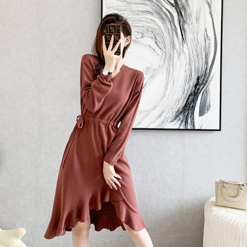 Women Sweater Dress 2021 New Autumn Winter Knitted Dress Fashion Elegant Ladies Ruffles Trumpet Elastic Bottom Vestidos