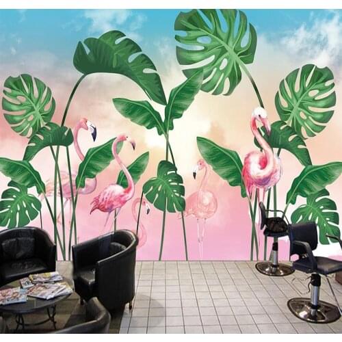 Custom mural wallpaper 3D Nordic small fresh tropical rainforest banana leaf flamingo garden wall decoration painting