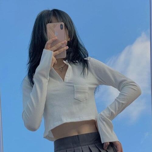 Casual Solid White Turn Down Collar Women Tshirt Long Sleeve Pocket Knitted Streetwear Black Slim Autumn Fashion Clothes 2021