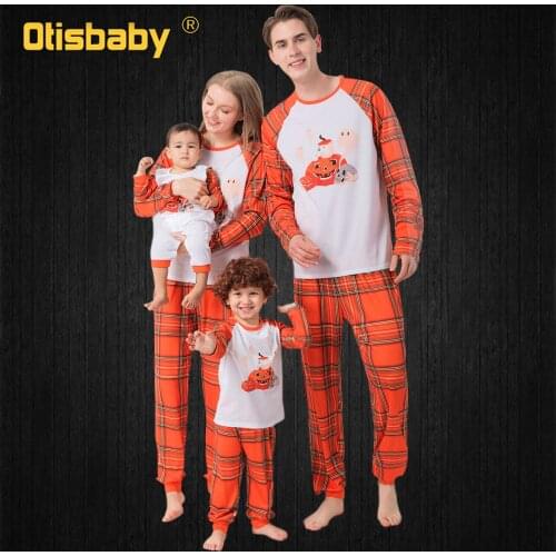 Halloween Family Matching Pajamas Mother Son Father Daughter Clothes Carnival Girls Boys Orange Pumpkin Plaid Sleepwear Luminous