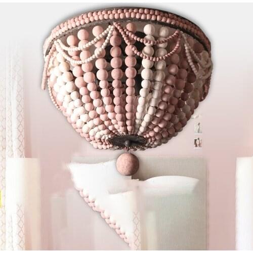 Vintage pink wood bead ceiling lights white/blue antique wooden ceiling lamp for hallway kitchen girls room french light fixture