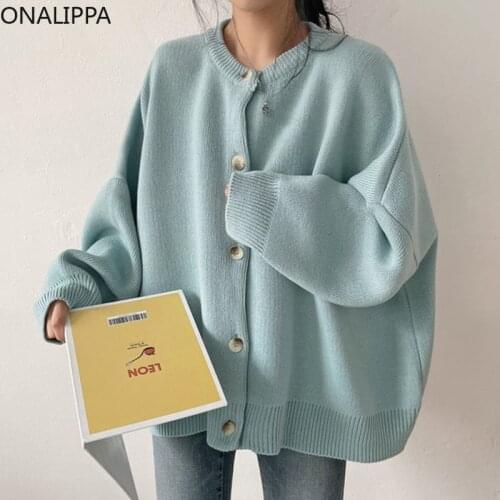 ONALIPPA Knitted Cardigan 2021 Autumn Korean Retro Round Neck Single-Breasted Loose Casual Solid Color Long-Sleeved Sweater