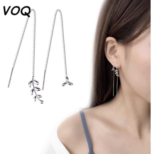 VOQ 925 Sterling Silver Asymmetrical Leaf Earrings Ear Line Womens Small Fresh Leaf Earrings Creative Jewelry