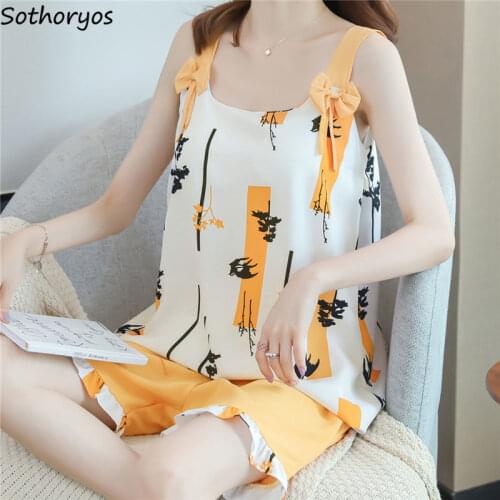Pajama Sets Women Bow Tanks Sleeveless Shorts Cartoon Print Summer Womens Soft Trendy Ulzzang Homewear Nightwear Loose Pyjamas