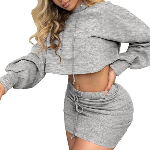 Women Sweatshirts Sport 2 Piece Set Tracksuits Sexy Fashion Casual Outfits Long Sleeve Short Hoodie Tops+Mini Skirts Streetwear