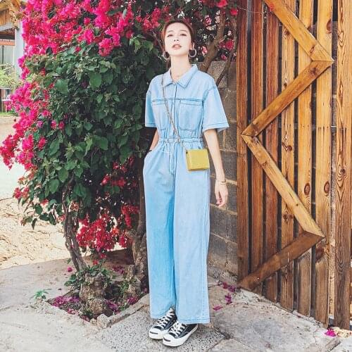Wide Leg Denim Jumpsuit Women 2021 Summer Short Sleeve Loose Casual Drawstring Streetwear Hiphop One Piece Jeans Sets Overalls