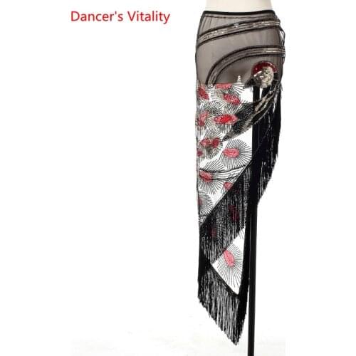 Belly Dance Female Adult Elegant Tassel Hip Scarf Practice Clothes Oriental Dancing Sexy Sequins Long Skirt Performance Clothing