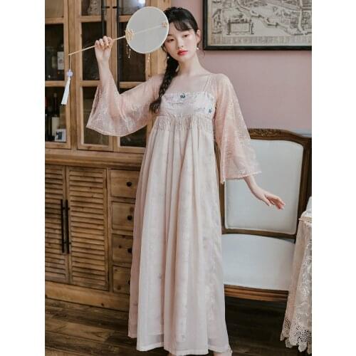 Improved Sweet Pink Vintage Hanfu Women Summer 2021 Tassel Beaded Square Collar Elegant Lace Loose Ladies Chiffon Fairy Vestido