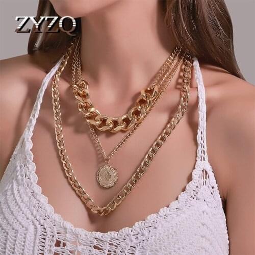 ZYZQ Hip Hop Punk Style Street Portrait Coin Necklace Metal Thick Chain Multilayer Women Necklace