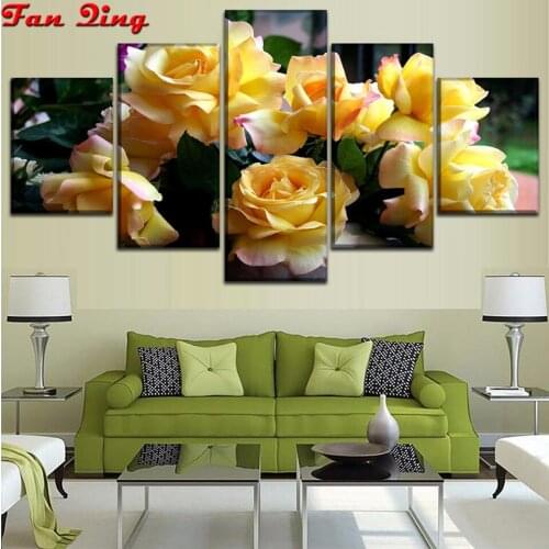 Diy 5d diamond painting cross stitch yellow rose picture mosaic handmade 5pcs flowers full square diamond embroidery pattern