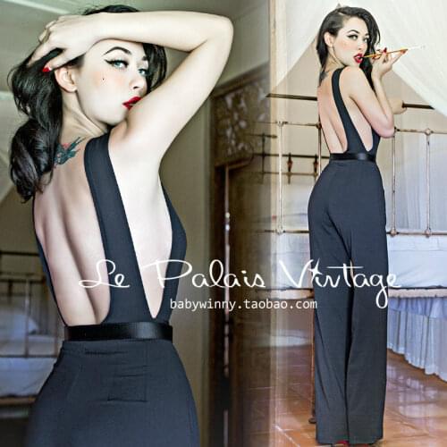 FREE SHIPPING Le Palais Vintage elegant and sexy black side exposed slim Halter Jumpsuit