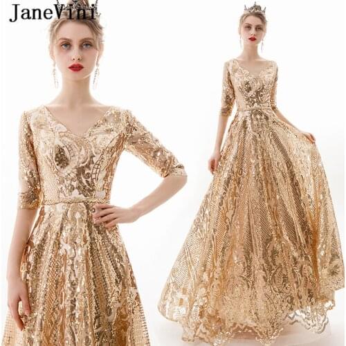 JaneVini Elegant Sparkly Champagne Gold Prom Dresses Long with Half Sleeves 2019 A Line V Neck Bling Plus Size Prom Dress Custom