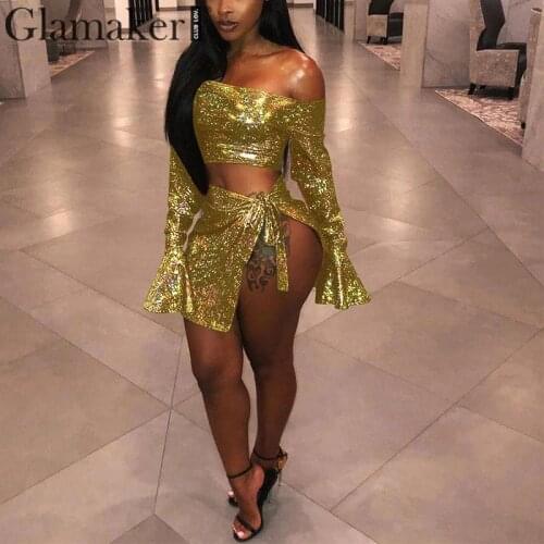 Glamaker Vintage flare sleeve party dress Glitter crop split tight club sexy dress Off shoulder ruffle gold bodycon dress 2020
