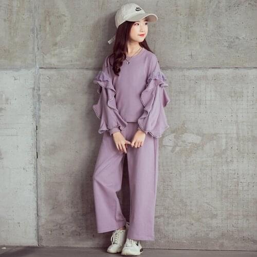 10 12 years Girls Long Sleeve Cothes Set Sweet Ruffles Lace Sleeve Tops Wide Leg Pants Two-Piece Suits