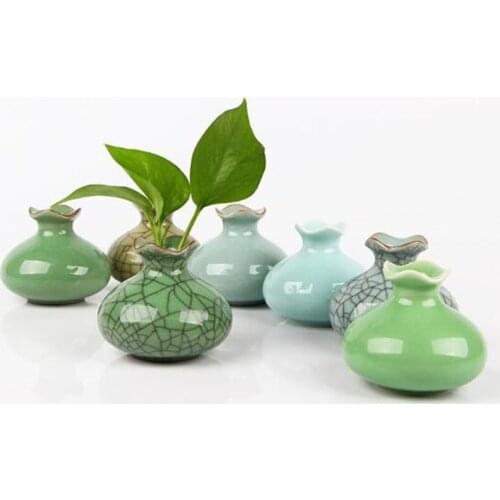 Celadon Mini Vase Creative Handmade Ceramic Crafts Home Decor Ice Crack Jardiniere Hydroponics Vase Office Desktop Ornaments