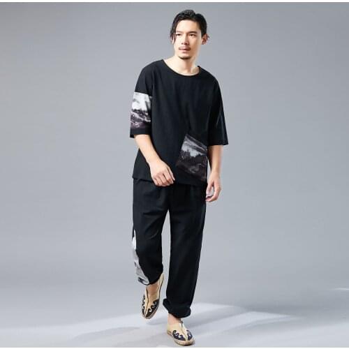 Men Yoga Set Sportswear Cotton Linen Loose Chinese Traditional Casual Jogger Workout Outfit Meditation Set Sweatshirt+sweatpant