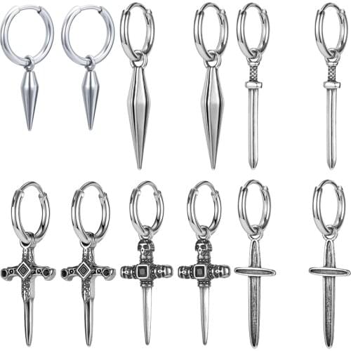 ZS Mens Punk Rock Roll GD Cone Hoop Earrings 316L Stainless Steel Kpop Round Circle Earrings Boys' Hip Hop Ear Piercing Jewelry