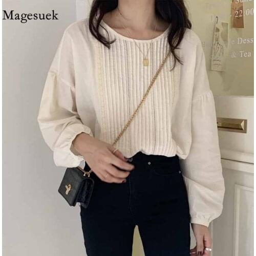 O-Neck Cotton Apricot PleatedLarge Size Blouse Korean 2020 Long Sleeve Womens Shirts Women Office Lady Elegant Shirts 11457