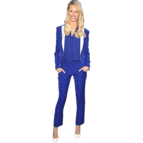Royal Blue Women Business Pants Suits Casual Female Slim Fit OL Office Uniform Style White Lapel Ladies Trouser Suit Custom Made
