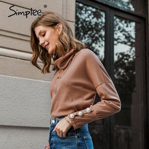 Simplee Women Solid Color Sweatshirt 2020 Autumn Winter Turtleneck Long Sleeve Pullovers Female Fashion Button Jumpers Tops