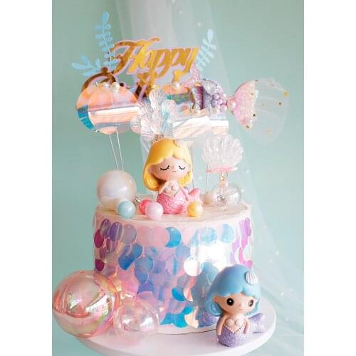 1 Suit Baby Shower Mermaid doll decoratio Cake Topper Ocean Theme Party HAPPY Birthday Party Dessert Plug-in Decoration Supplies