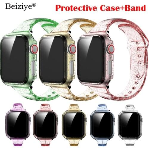 Glitter Watch Strap+Case For Apple Watch Band 42mm 38mm Women Silicone Watchband For Apple Watch 40mm 44mm SE 6 5 4 3 Bracelet