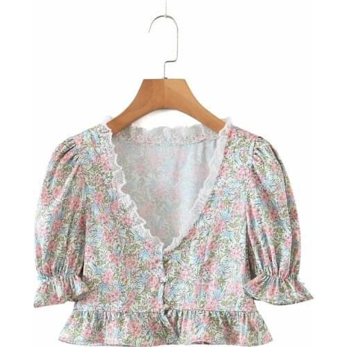 Merodi Women Summer Fashion V-Neck Lace Patchwork Short Blouse Chic Lady Floral Print Puff Sleeve High Waist Chiffon Suit Tops
