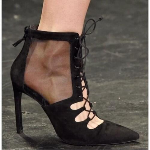 Black Suede Leather Women Short Mesh Boots Cut Out Pointy Toe Sandals Boots Lace Up Ankle Boots High Heels Shoes Ladies Botas