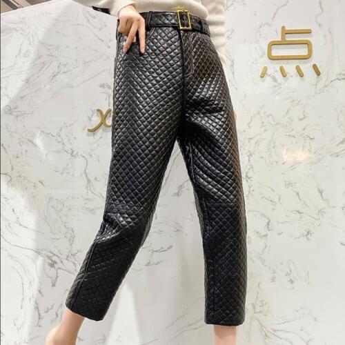 Real leather pants diamond Splicing thicker warm Genuine sheep Leather pants female was thin leather pants with belt F2155