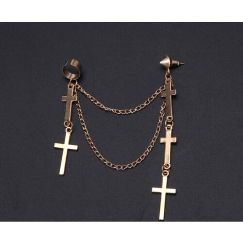 Gothic Punk Cross Long Tassel Double Chains Ear Cuff Earrings Fashion Jewelry