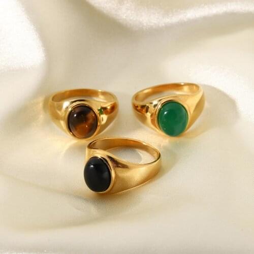 Elegant Vintage Stainless Steel Rings For Women Bohemia Oval Tiger Eye Stone Obsidian Engagement Rings Jewelry