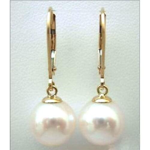 Hot selling free shipping********2 Pair HOT AAA 10MM natural south sea white shell pearl earrings SOLID GOLD MARKED