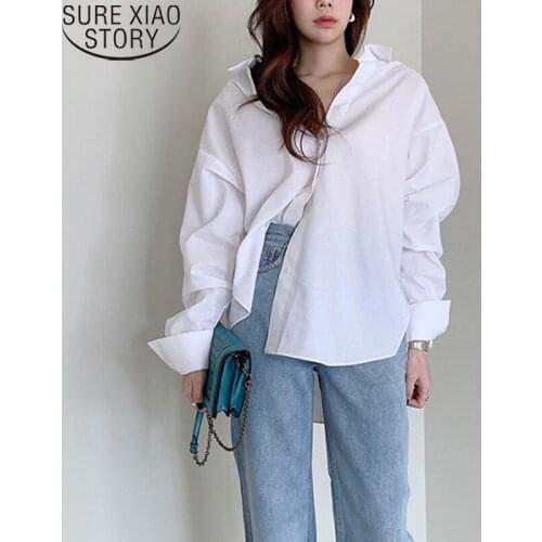 Cotton Tops Loose Oversize Button Shirt Autumn BF Style Fashion White Shirt Women Stripe Blue Shirt Casual Clothes Blusas 15839