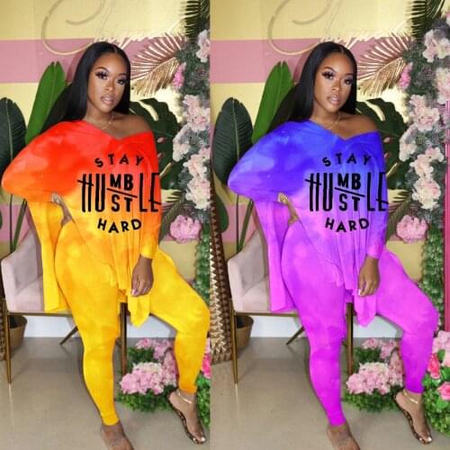3XL 4XL Plus Size Two Piece Sets Women Autumn New Loose Gradient Letter Print Lounge Set Split V Neck Tops Pants Matching Set