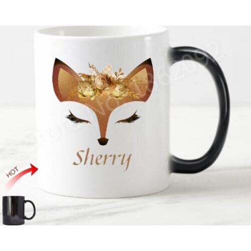 Chic Funny Fox Face Personalized Coffee Mug Tea Cups Creative Color Change Floral Fox Eyelash Girl Cups Mugs for Sister Daughter