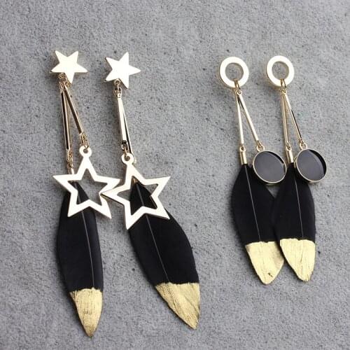 Trendy Black Feather Earrings Fashion Jewelry Statement Boho Long Gold Star Earrings For Women Girls Perfect Quqality Brand New