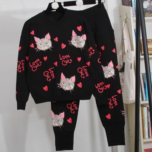 Fashion Spring 2 piece set women Cat Printed Sweater Knitting Pants Suit two piece set