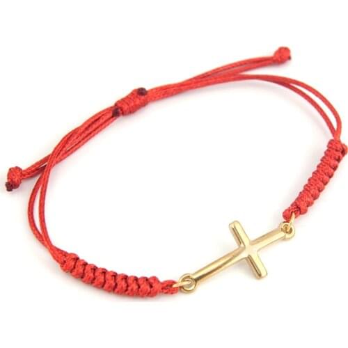 Women Men Rope Cord Adjustable Bracelet small Corss connector Stainless steel pendant black red color