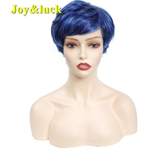 Synthetic Hair Short Ombre Blue Natural Straight Wigs With Bangs For White Women Pexie Cut Woman Hairstyle Party Or Cosplay Use
