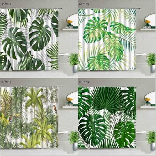 Tropical Palm Leaves Green Plant Shower Curtains Set Polyester Fabric Waterproof Wall Hanging Home Bathroom Decor Bathtub Screen