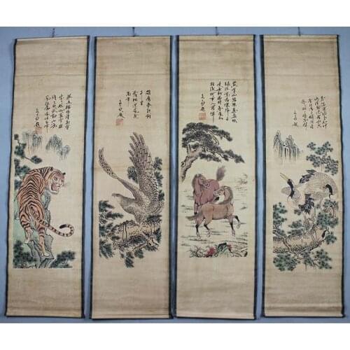 Adornment picture is hanged antique calligraphy and painting the living room four screen Flowers and birds