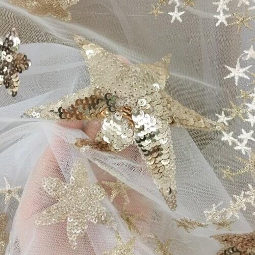 Top Quality 3D Gold Sequin Star Embroidery Lace Fabric in Champagne Tulle for Cocktail Dress, Gowns, Bridal Veil Haute Couture