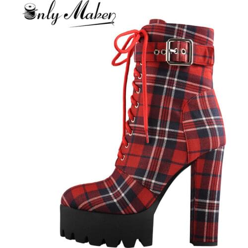 Onlymaker Womens Platform Ankle Boots Buckle Strap Chunky Heel Red Plaid Lace Up Side Zipper Round Toe Booties For Winter